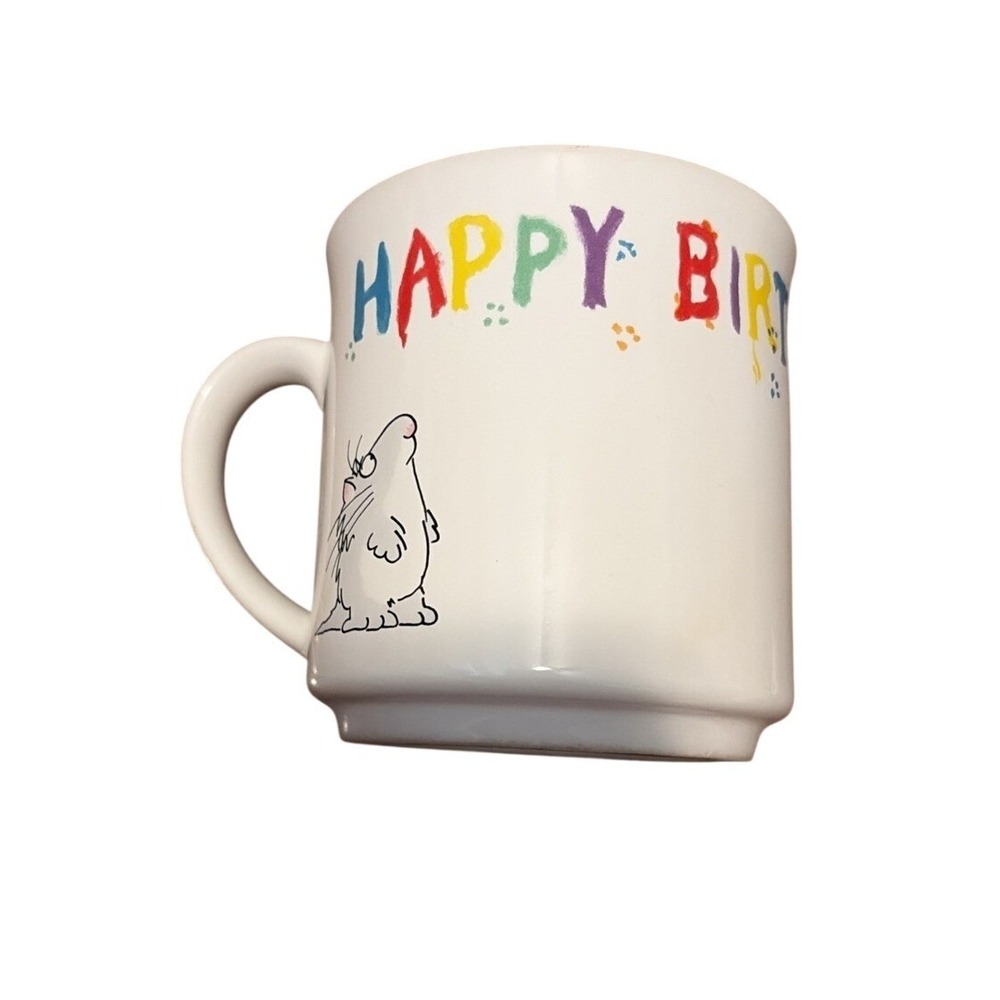 Sandra Boynton Coffee Mug Happy Birthday Cat White Vintage 80s Recycled Paper